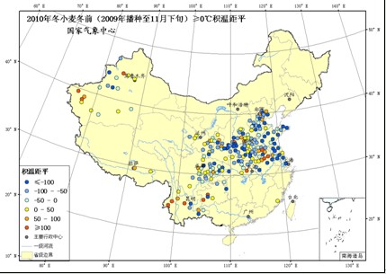 图7 2010年冬小麦冬前(2009年播种至11月下旬)0℃积温距平