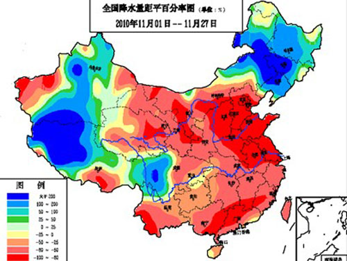 图3 全国降水量距平百分率图(2010年11月1日至27日)