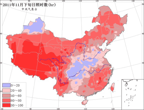 图5 2011年11月下旬日照时数&nbsp